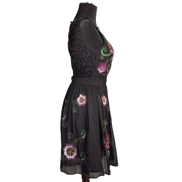 ASOS Size 2 Petite Dress Little Black Embroidered Sleeveless Floral Sequin Beads - Picture 6 of 10